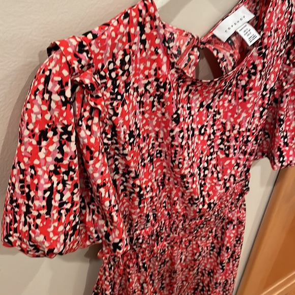 TopShop Red Floral Dress Open Back Abstract Geometric Print Short Sleeve E-waist - Picture 5 of 8